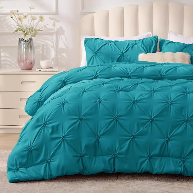 Fashionable BEDELITE Teal King Size Comforter Set – 3 Pieces Boho Pintuck Bedding Comforter Sets Lightweight Soft amp Warm King Bedding Set with 2 Pillowcases for All Season Elite