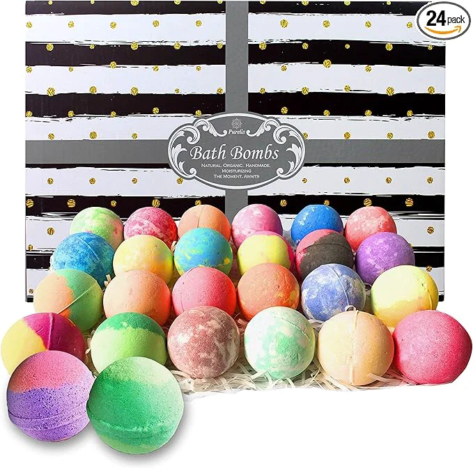 Superior Bath Bombs Gift Set for Women and Men. 24 Luxury Bath Bombs Individually High-Grade