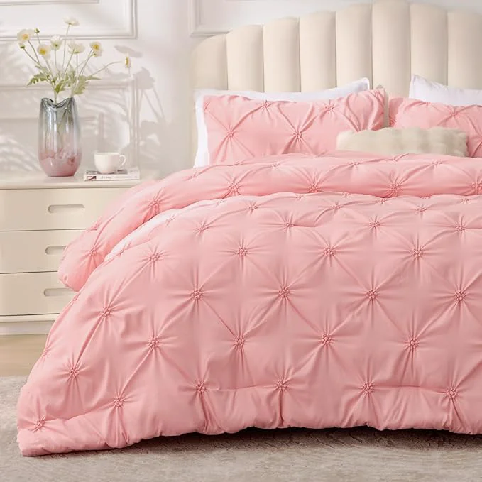 Solid BEDELITE Pink Twin Comforter Set – 2 Peices Boho Pintuck Bedding Comforter Sets Lightweight Soft amp Warm Twin Bedding Sets with 1 Pillowcase for All Season World-Class