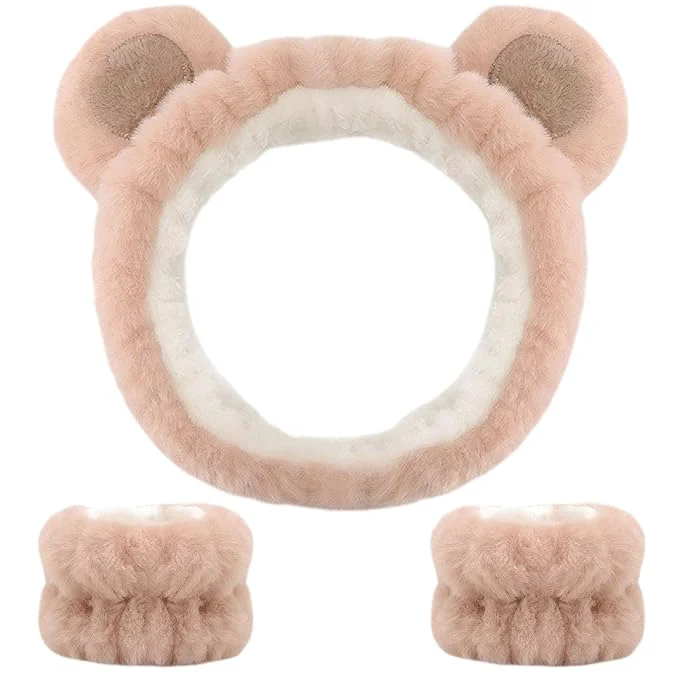 High-Performance Bear Ears Headband Cute Spa Headband and Wristband Set Washing Face Skincare Functional