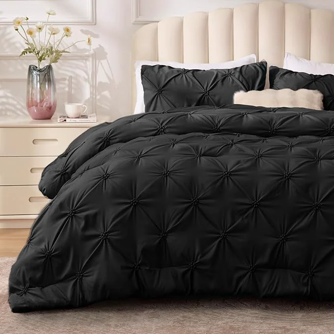 Innovative BEDELITE Black Comforter Set Queen – 3 Pieces Boho Pintuck Bedding Comforter Sets Lightweight Soft amp Warm Bed Comforter Queen with 2 Pillowcases for All Season Sophisticated