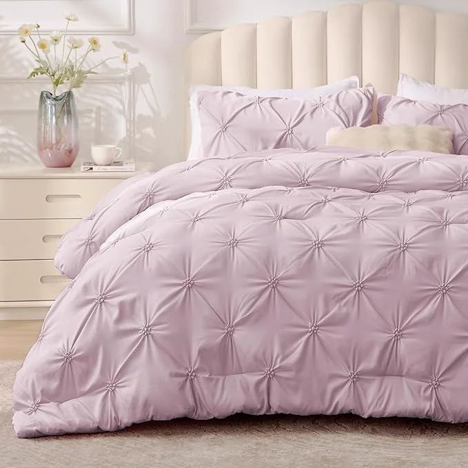 Elegant BEDELITE Light Purple King Size Comforter Set – 3 Pieces Boho Pintuck Bedding Comforter Sets Lightweight Soft amp Warm King Bedding Set with 2 Pillowcases for All Season Environmentally Friendly