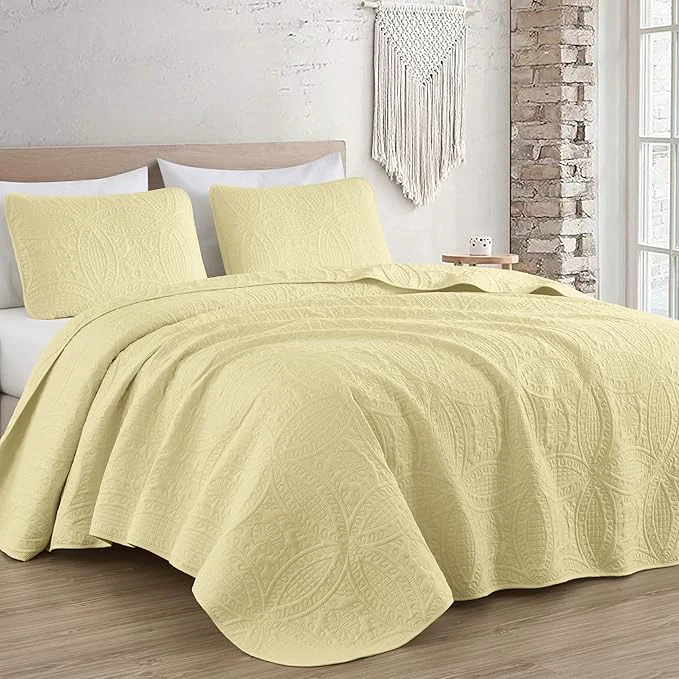 Efficient Chezmoi Collection Austin King Oversized Bedspread Set 3-Piece Pinsonic Quilted Lightweight Microfiber Bedspread Coverlet Pastel Yellow Oversized Lightweight Fade Resistant Sophisticated