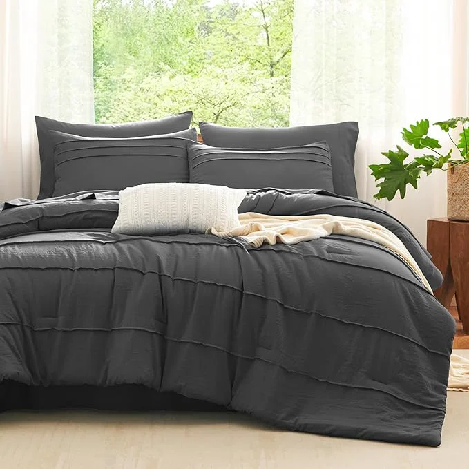 Official CozyLux Full Size Comforter Sets Dark Grey 7 Pieces Soft Pinch Pleat Bed in a Bag Full Comforter Set with Sheets Boho Bed Set with Down Comforter Sheets Pillowcases amp Shams Clean