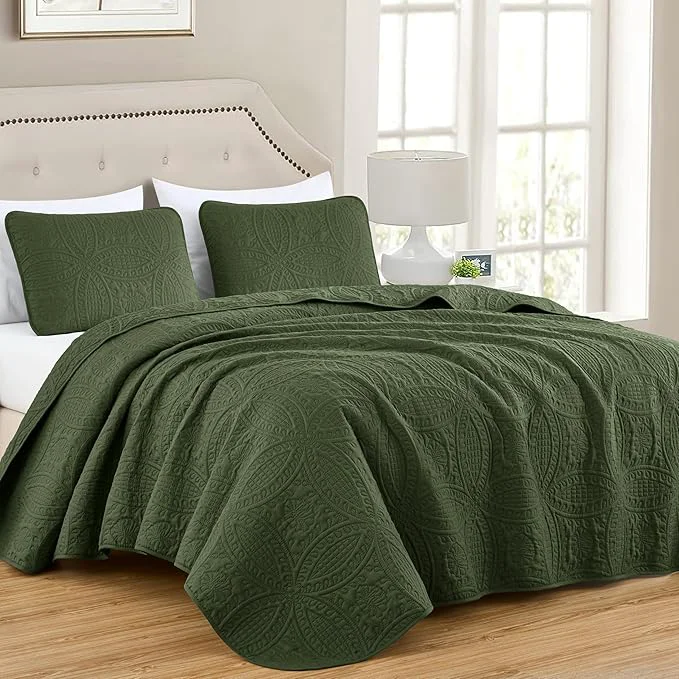 Top-Quality Chezmoi Collection Austin Queen Oversized Bedspread Set 3-Piece Pinsonic Quilted Lightweight Microfiber Bedspread Coverlet Olive Green Oversized Lightweight Fade Resistant Modern