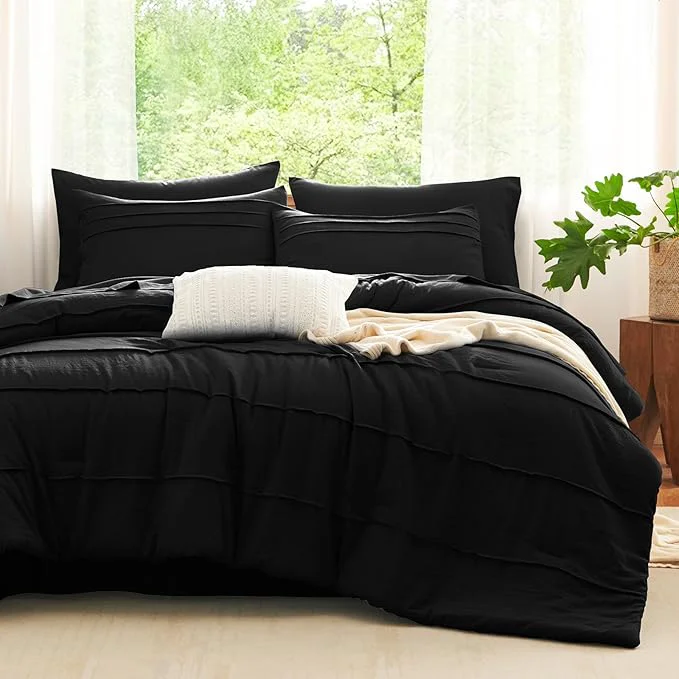 Prestigious CozyLux King Size Comforter Set Black 7 Pieces Soft Pinch Pleat Bed in a Bag King Comforter Set with Sheets Boho Bed Set with Down Comforter Sheets Pillowcases amp Shams Crafted