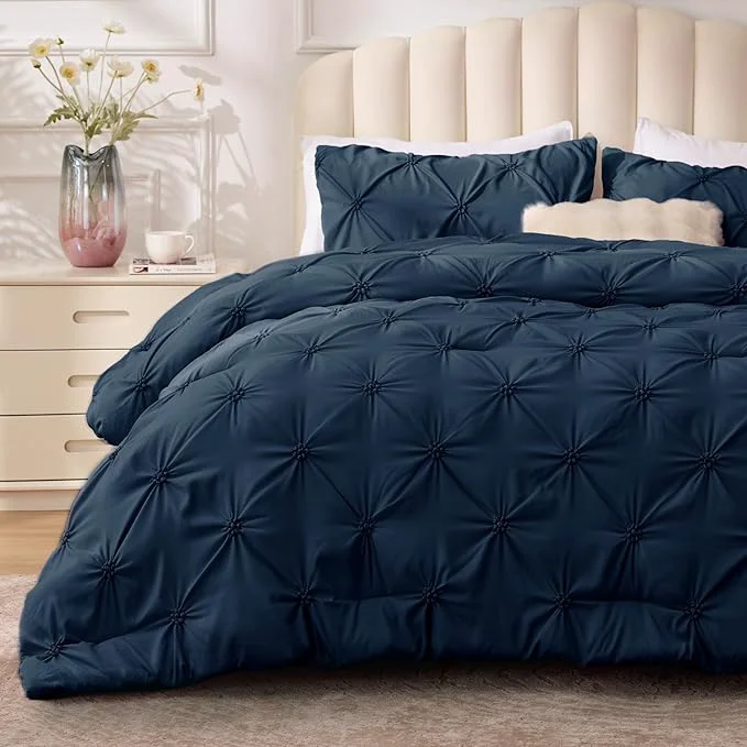 Green BEDELITE Navy Queen Comforter Set – 3 Pieces Boho Pintuck Bedding Comforter Sets Lightweight Soft amp Warm Bed Comforter Queen with 2 Pillowcases for All Season Professional