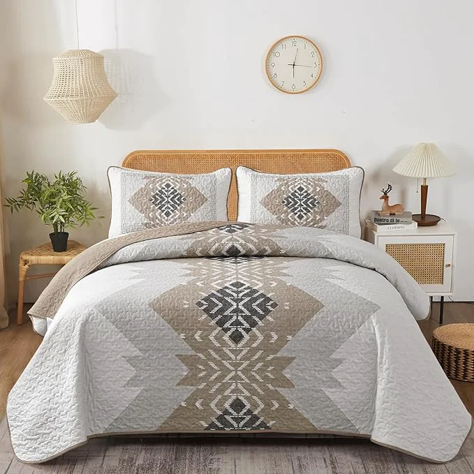 High-Performance Dintszyayue Brown Boho Quilt Set King 3 Pieces Aztec Texture Quilt with 2 Pillowcases Bohemian Geometric Bedspread Bedding Set Microfiber Quilted Coverlet Set for All Seasons King Size 90 quot ×103 quot Certified