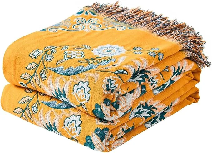 Solid Boho Throw Blanket Cotton Ultra Soft Luxury Throw Rustic Quilt Floral Printed Farmhouse Decor Bed Summer Blankets All Season Rustic Reversible Bohemian Throw for Bed 80 quot x90 quot Yellow Sophisticated
