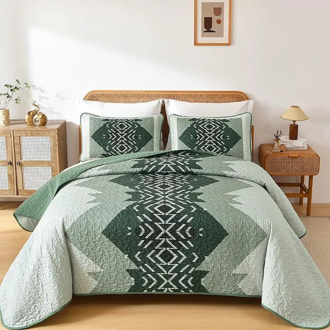 Recyclable Dintszyayue Green Boho Quilt Set King Size 3 Piece Aztec Texture Bedspread Coverlet Set Soft Lightweight Bedding Set Geometric Bohemian Bedspread with 2 Pillowcases Green 90 quot x103 quot Fashionable