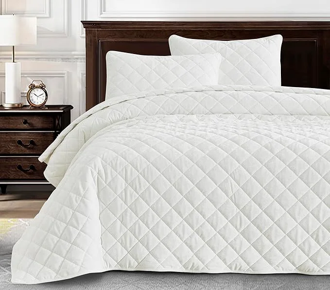 High-Quality Chezmoi Collection Lux Cream White Velvet Quilt King Set 3-Piece Plush Distressed Velvet Bedding All Season Lightweight Comforter Brushed Microfiber Reverse with Diamond Stitch Quilting High-Grade