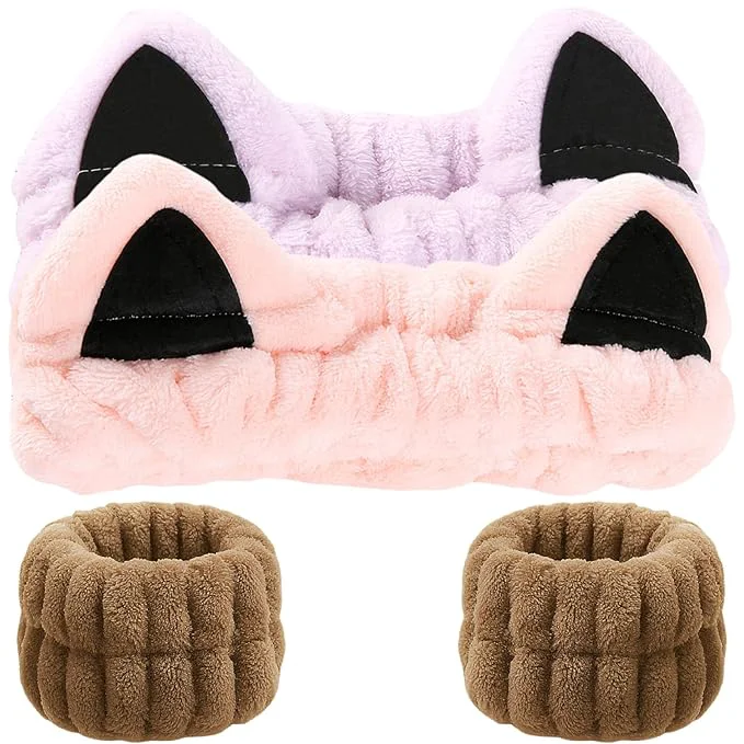 Original Cat Ears Headband Cute Spa Headband and Wristband Set Washing Face Skincare Enhanced