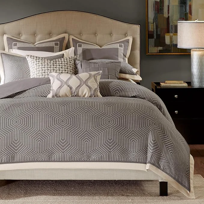 Modern Madison Park Signature Cozy Comforter Set – All Season Bedding Combo Filled Insert and Removable Duvet Cover Shams Decorative Pillows Queen 92 in x 96 in Geometric Grey 9 Piece Elegant