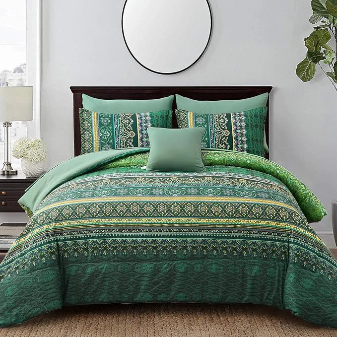 Casual Boho Green Comforter Set Queen Size 8 Piece Bed in a Bag Bohemian Striped Bedding Quilt Set Dark green Paisley Floral Comforter and Sheet Set Soft Microfiber Complete Bedding Sets for All Season Reusable