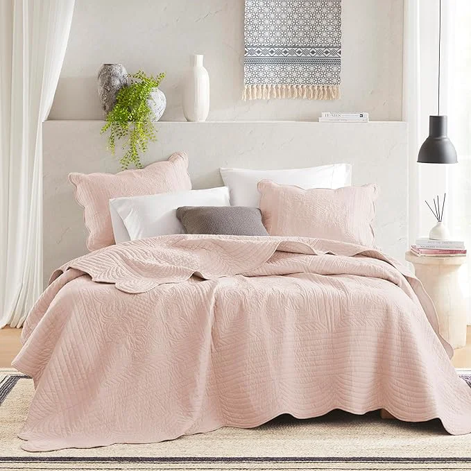 Organic Madison Park King Quilt Set Damask Coverlet Set for King Size Bed Cottage Oversized Quilt Set Scallop Edge All Season Pre-washed Cotton-Filled King Size Quilt Tuscany King Cal King Blush 3 Piece Unique