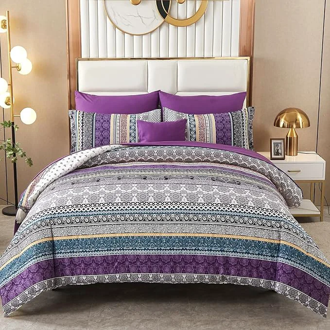 Versatile Cottolester Boho Comforter Set Queen Size 8 Piece Bed in a Bag Bohemian Striped Bedding Quilt Set Purple Paisley Floral Comforter and Sheet Set Soft Microfiber Complete Bedding Sets for All Season Top-Quality