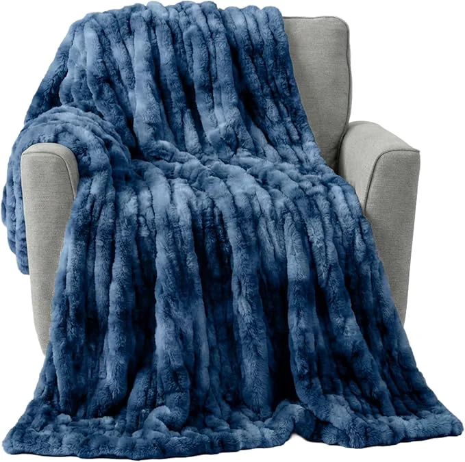 Relaxed Lavish Home Oversized Ruched Faux Fur Blanket – 60×80-Inch Plush Polyester Faux Fur Queen-Size Throw for Sofas and Beds – Luxurious Bedding Blue Responsible