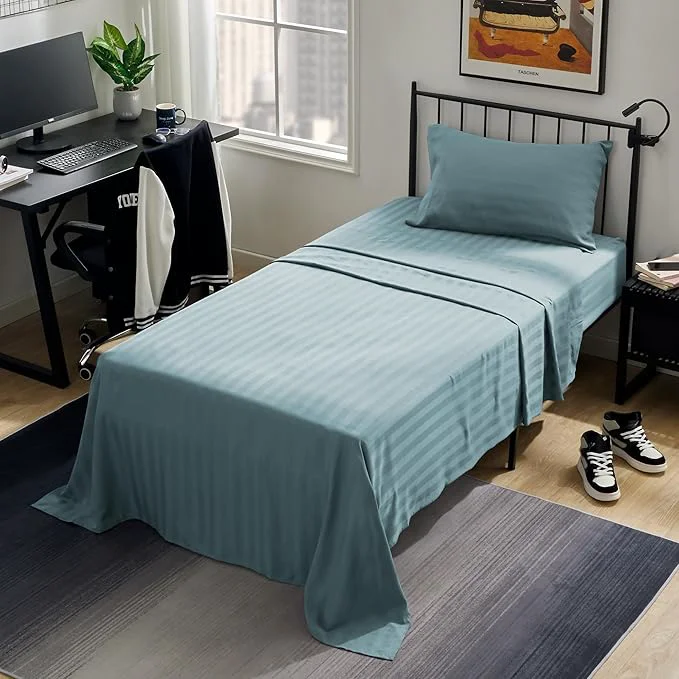 Carefully Designed SLEEP ZONE Striped Cooling Twin Sheets Set for Kids – Fitted Flat Sheet amp Pillowcase Sets 3 Piece – Super Soft Stripe Bed Sheet Easy Care Deep Pocket Flint Blue Twin Reusable