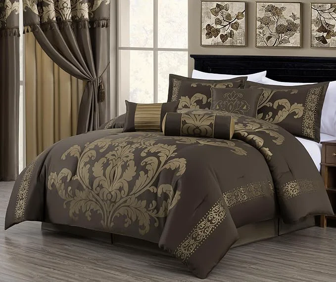 Secure Chezmoi Collection Royale 7-Piece Jacquard Floral Comforter Set Oversized King Coffee Gold Quality
