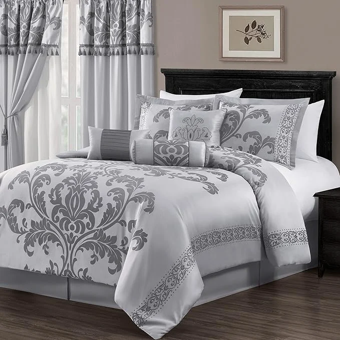 Superior Chezmoi Collection Royale 7-Piece Jacquard Floral Comforter Set Oversized Queen Silver Gray User-Friendly