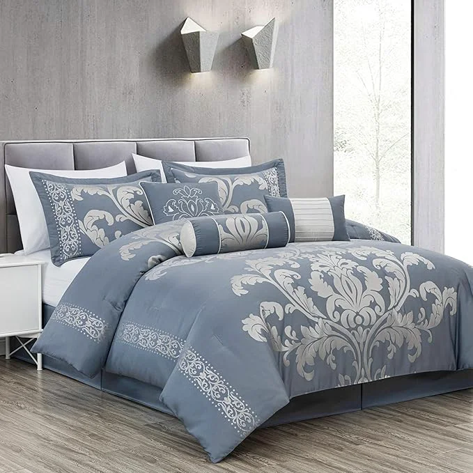 Casual Chezmoi Collection Royale 7-Piece Jacquard Floral Comforter Set King Grayish Blue Gray Smooth