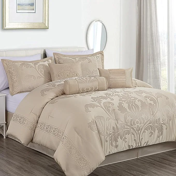 High-End Chezmoi Collection Royale 7-Piece Jacquard Floral Comforter Set King Champagne Recyclable
