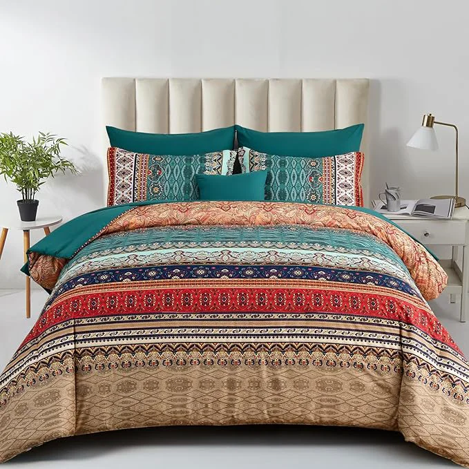 Exclusive Cottolester Boho King Size Comforter Set 8 Pieces Green and Brown Bohemian Striped Bed in a Bag Floral Soft Microfiber Bedding Comforter Set Stylish