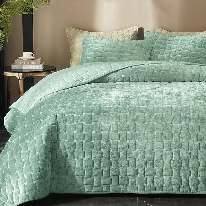 Advanced Powdion Velvet Quilt King Size Oversized Bedspread Coverlet Quilted Bedding Set Lightweight Velvet Comforter Set Luxury Coverlet Set for All Season with 2 Pillow Shams 96×106 Aqua Green Practical
