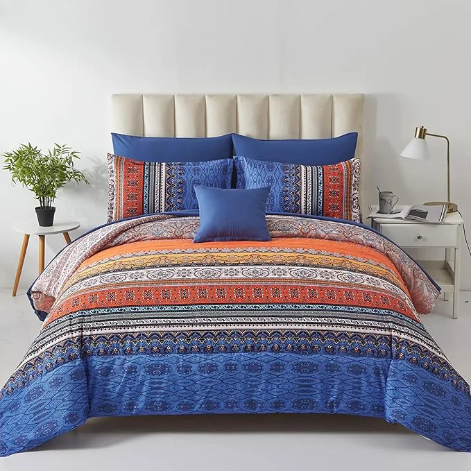 Elite Cottolester Boho Comforter Set King Size 8 Piece Bed in a Bag Burnt Orange Paisley Fall Comforter and Sheet Set Bohemian Striped Bedding Set Soft Microfiber Complete Bedding Set Eco-Friendly