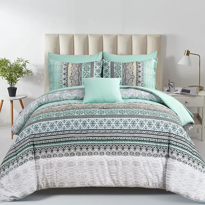 Enhanced Cottolester Boho Comforter Set Queen Size 8 Piece Bed in a Bag Sage Green Paisley Comforter and Sheet Set Striped Bedding Set Soft Microfiber Complete Bedding Set Refined