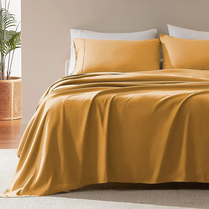 First-Class SLEEP ZONE Nanotex Super Soft Cooling Queen Bed Sheets Set 4 Piece – Easy Care Fitted Flat Sheet amp Pillowcase Sets – Wrinkle Fade Resistant Deep Pocket 16 quot Dull Yellow Queen Proven