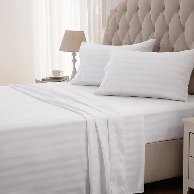Premium Material SLEEP ZONE Striped Cooling Sheets Set King Size – Fitted Flat Sheet amp Pillowcase Sets 4 Piece – Super Soft Stripe Bed Sheet Easy Care Deep Pocket White King High-Grade