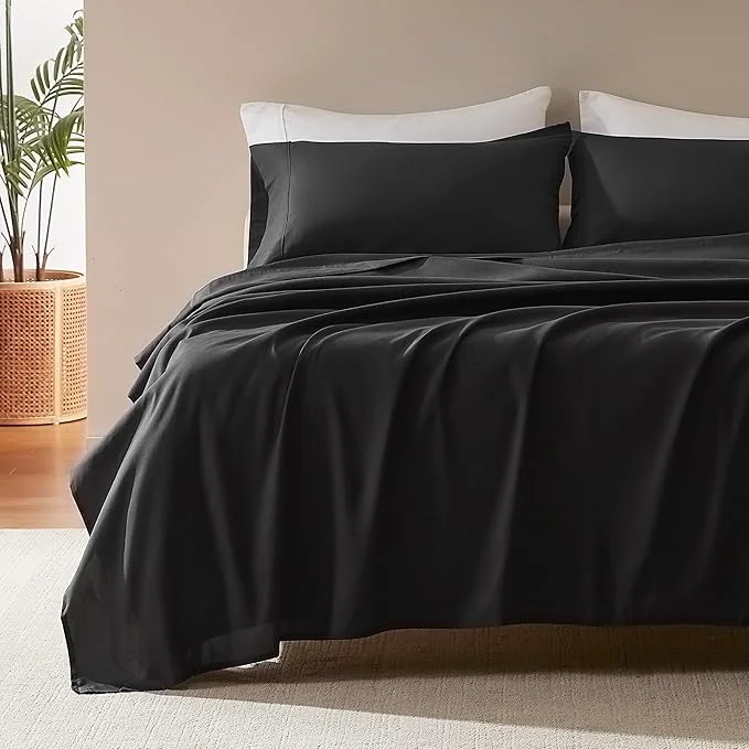 Smooth SLEEP ZONE Nanotex Super Soft Cooling Kids Bed Sheets Set Twin XL 3 Piece – Easy Care Fitted Flat Sheet amp Pillowcase Sets – Wrinkle Fade Resistant Deep Pocket 16 quot Black Twin XL Advanced