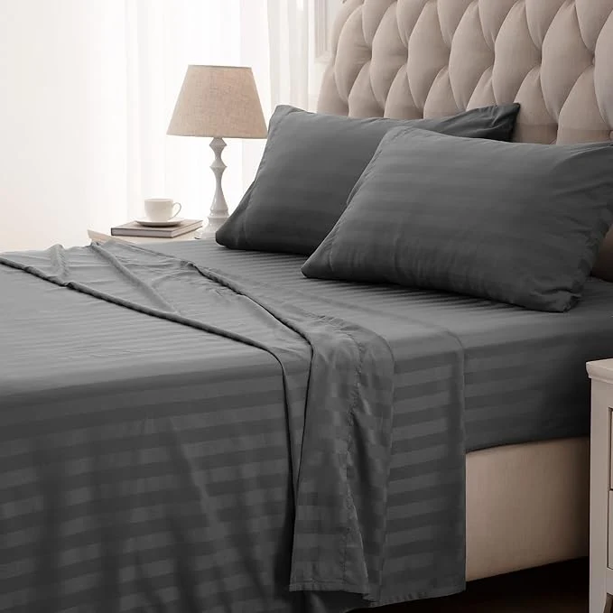 Expertly Made SLEEP ZONE Striped Cooling Queen Sheets Set – Fitted Flat Sheet amp Pillowcase Sets 4 Piece – Super Soft Stripe Bed Sheet Easy Care Deep Pocket Gray Queen Minimalist