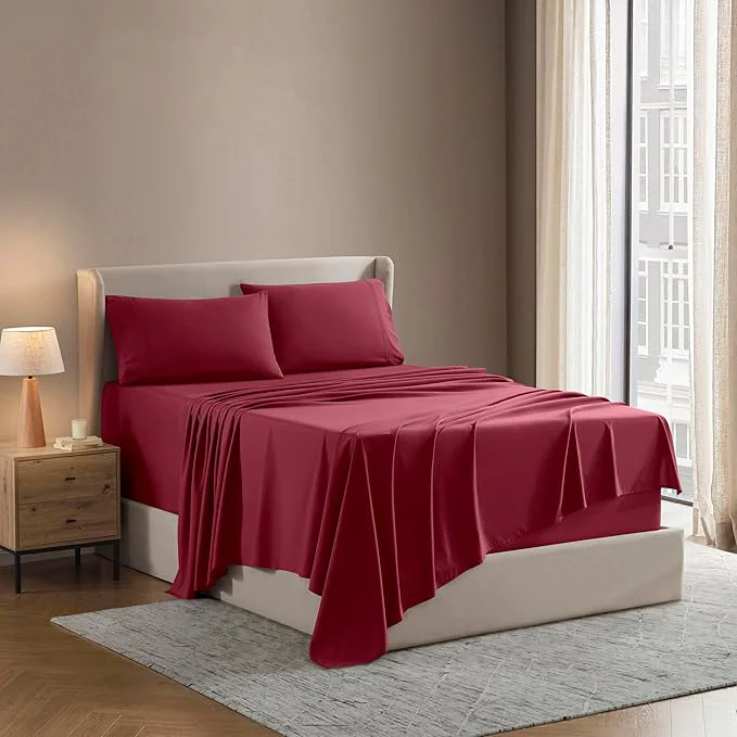 Stylish Nestl California King Sheet Set – 1800 Ultra-Soft Microfiber Cal King Bed Sheets – Double Brushed – Deep Pockets – Easy Fit – 4 Piece Set – Bed Sheets California King Burgundy Red High-Quality