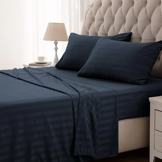 Authentic SLEEP ZONE Striped Cooling Queen Sheets Set – Fitted Flat Sheet amp Pillowcase Sets 4 Piece – Super Soft Stripe Bed Sheet Easy Care Deep Pocket Navy Blue Queen Recyclable