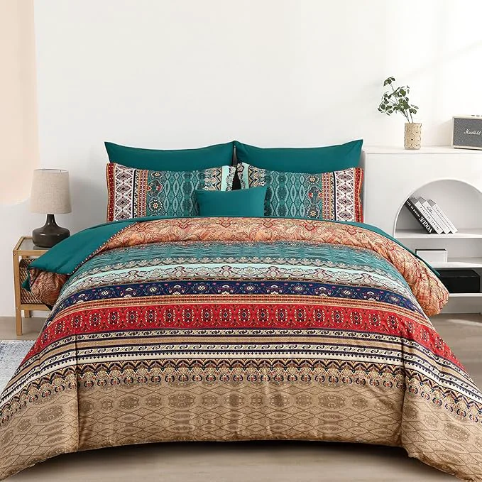 Refined Cottolester Boho Full Size Comforter Set 8 Pieces Green and Brown Bohemian Striped Bed in a Bag Floral Soft Microfiber Bedding Comforter Set Authentic
