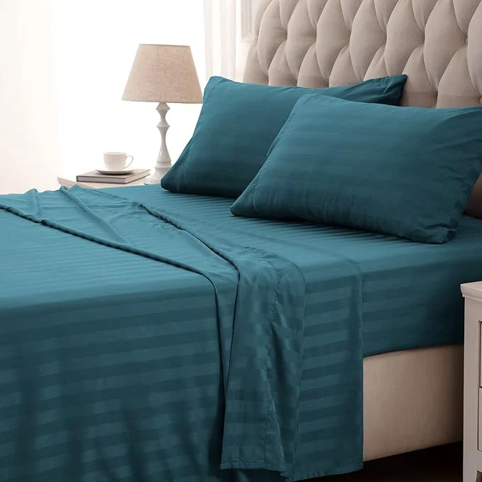 Lightweight SLEEP ZONE Striped Cooling Queen Sheets Set – Fitted Flat Sheet amp Pillowcase Sets 4 Piece – Super Soft Stripe Bed Sheet Easy Care Deep Pocket Teal Queen Breathable