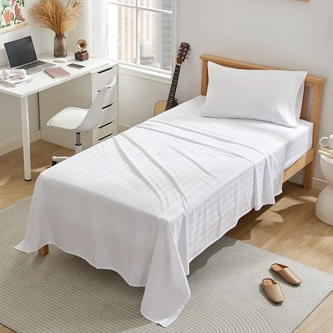 Organic SLEEP ZONE Striped Cooling Twin Sheets Set for Kids – Fitted Flat Sheet amp Pillowcase Sets 3 Piece – Super Soft Stripe Bed Sheet Easy Care Deep Pocket White Twin Detailed
