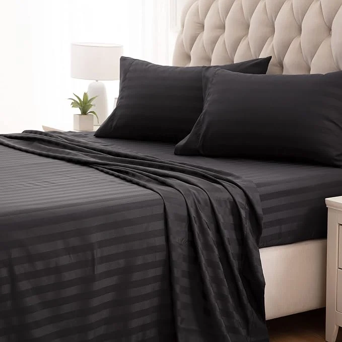 Secure SLEEP ZONE Striped Cooling Sheets Set King Size – Fitted Flat Sheet amp Pillowcase Sets 4 Piece – Super Soft Stripe Bed Sheet Easy Care Deep Pocket Black King Clean