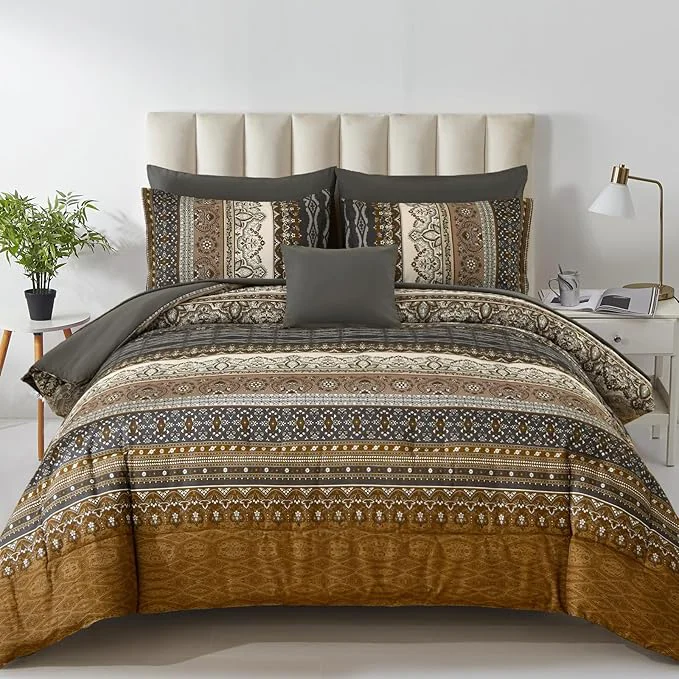 Minimalist Cottolester Boho King Comforter Set 8 Pieces Brown Black Bohemian Comforter Paisley Striped Bed in A Bag Soft Microfiber Bedding Set for All Season Reliable