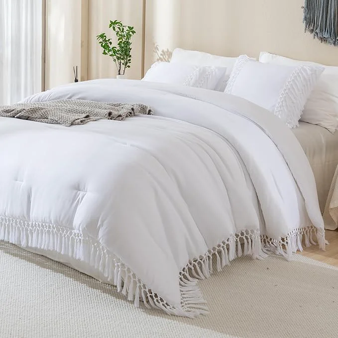 Quality Andency White Full Size Comforter Set 3 Pieces Boho Tassel Lightweight Soft Bedding Comforter Sets All Season Fluffy Fringe Bed Set 79x90In Comforter amp 2 Pillowcases Optimized
