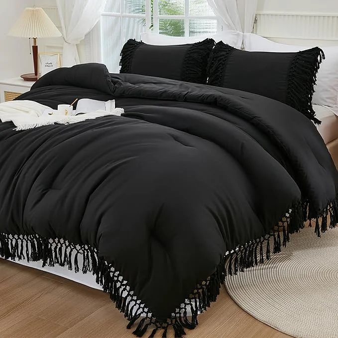 High-Grade Andency Black Comforter Set California King 3 Pieces Boho Tassel Lightweight Soft Bedding Comforter Sets for King Bed All Season Fluffy Fringe Bed Set 104x96In Comforter amp 2 Pillowcases Eco-Friendly