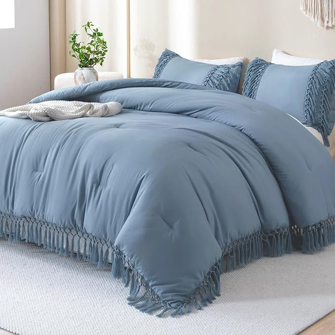 Professional Andency Grayish Blue Comforter Set King 3 Pieces Boho Tassel Lightweight Soft Bedding Comforter Sets for King Bed All Season Fluffy Fringe Bed Set 104x90In Comforter amp 2 Pillowcases Luxury