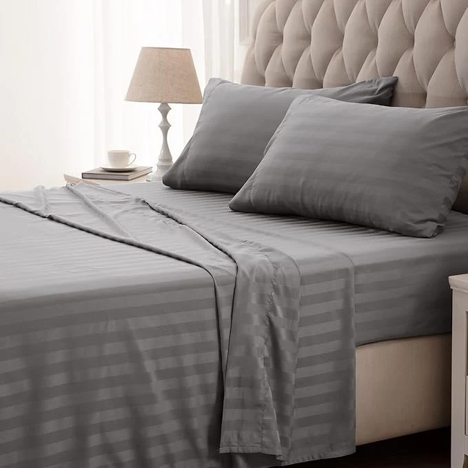 Efficient SLEEP ZONE Striped Cooling Sheets Set King Size – Fitted Flat Sheet amp Pillowcase Sets 4 Piece – Super Soft Stripe Bed Sheet Easy Care Deep Pocket Gull Grey King Sophisticated