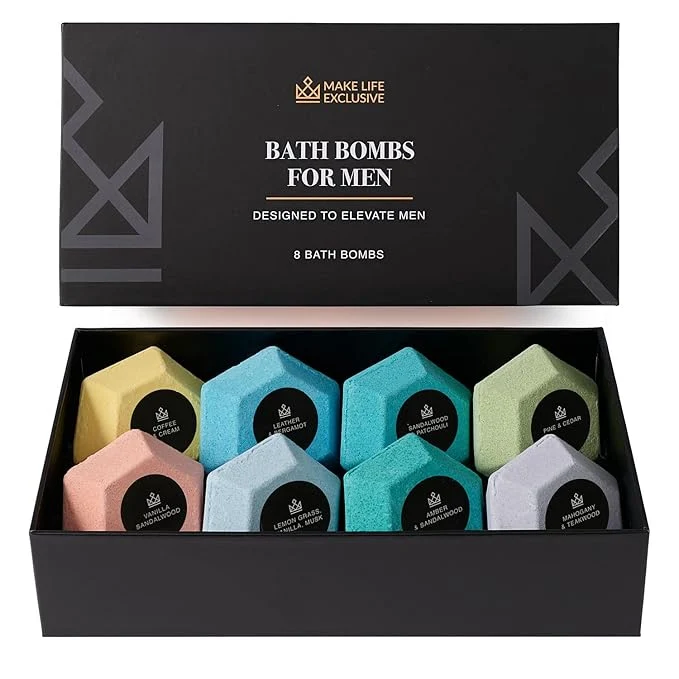 Detailed Bath Bombs for Men – 8 Large Diamond Shape Natural Mens Bath Bombs Relaxing Refined