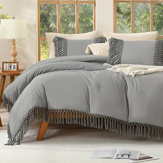 Trendy Andency Comforter King Size Set Medium Grey 3 Pieces Boho Tassel Lightweight Fluffy Bedding Comforters amp Sets Soft All Season Bed Set 104x90In Comforter amp 2 Pillowcases Traditional