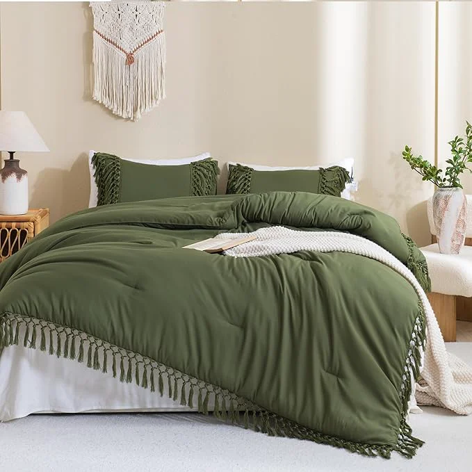 Fine Crafted Andency Olive Green Comforter Set King 3 Pieces Boho Tassel Lightweight Soft Bedding Comforter Sets for King Bed All Season Fluffy Fringe Bed Set 104x90In Comforter amp 2 Pillowcases Trusted
