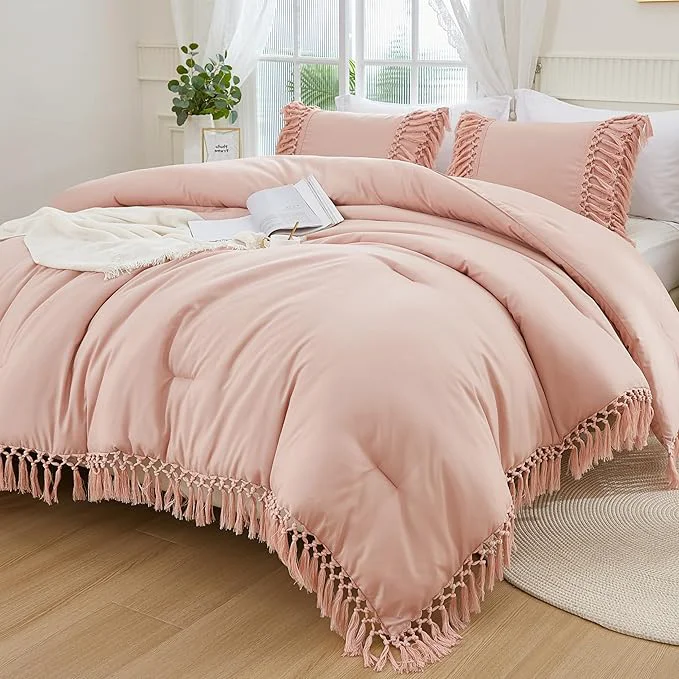 Functional Andency Pink Full Size Comforter Set 3 Pieces Boho Tassel Lightweight Soft Bedding Comforter Sets All Season Fluffy Fringe Bed Set 79x90In Comforter amp 2 Pillowcases Fine Crafted