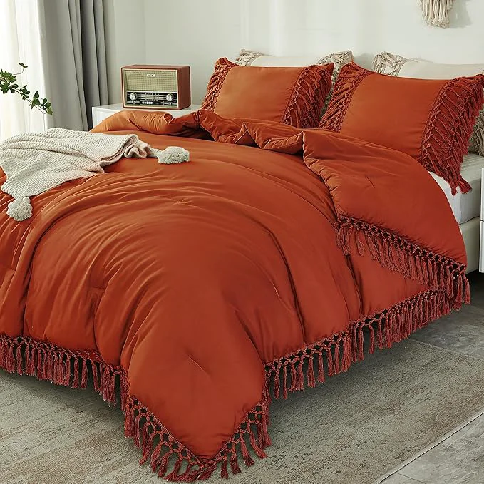 Luxury Andency Comforter King Size Set Burnt Orange 3 Pieces Boho Terracotta Tassel Lightweight Fluffy Bedding Comforters amp Sets Soft All Season Rust Bed Set 104x90In Comforter amp 2 Pillowcases User-Friendly
